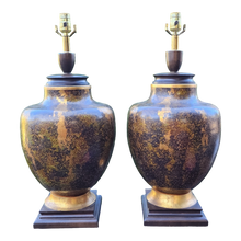 Load image into Gallery viewer, Vintage Mid Century Urn Shaped Lamps With Gold Leaf Scavo Glaze - A Pair - Main Product Photo - EclecticCollective.com