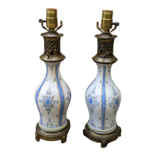 Load image into Gallery viewer, Antique Napoleonic French Electrified Blue and White Porcelain Kerosene Table Lamps - a Pair