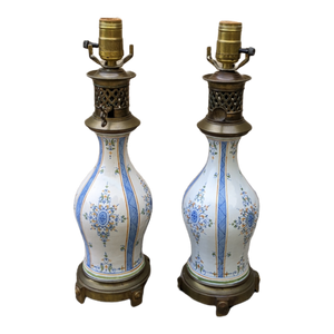 Antique Napoleonic French Electrified Blue and White Porcelain Kerosene Table Lamps - a Pair