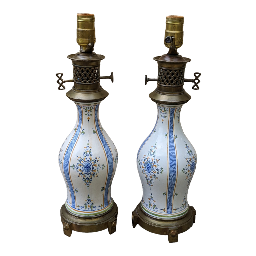 Antique Napoleonic French Electrified Blue and White Porcelain Kerosene Table Lamps - a Pair