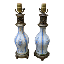 Load image into Gallery viewer, Antique Napoleonic French Electrified Blue and White Porcelain Kerosene Table Lamps - a Pair