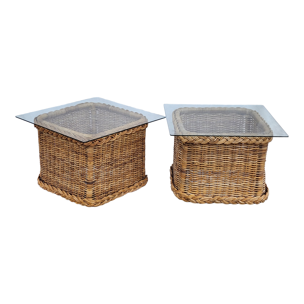 Vintage coastal boho chic woven rattan braided wicker trim glass topped side tables - a pair at EclecticCollective.com - Main Product Photo