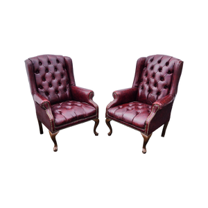 vintage oxblood faux leather tufted queen ann wingback chesterfield armchairs - a pair - at EclecticCollective.com - Thumbnail