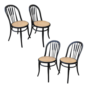 Antique Bentwood Cafe Woven Cane Seat Dining Chairs in Black - Set of 4