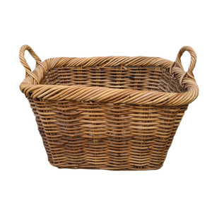 Coastal Boho Chic Woven Rattan Handled Basket