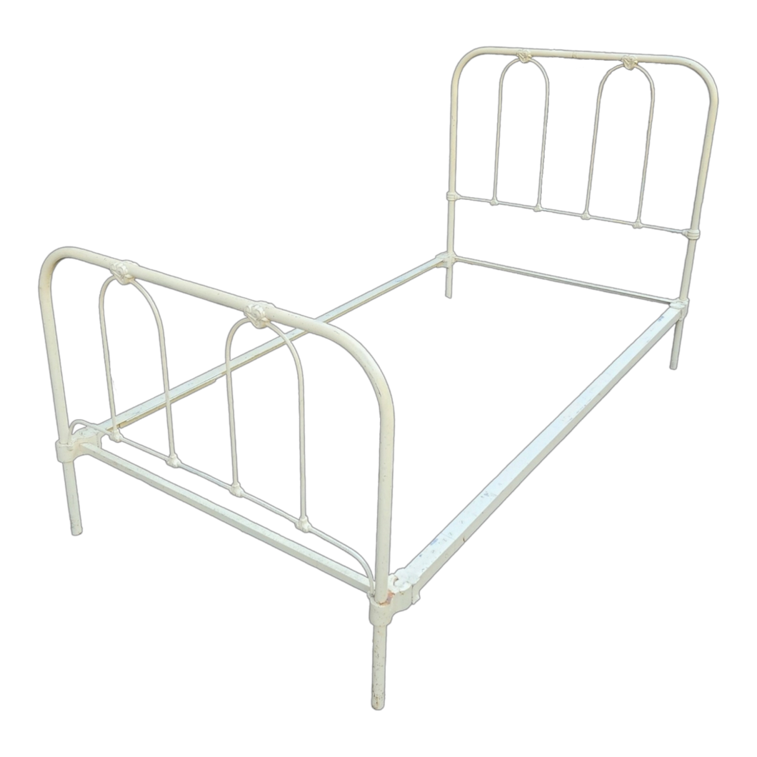 Vintage Patinated Cream White Iron Bed Frame