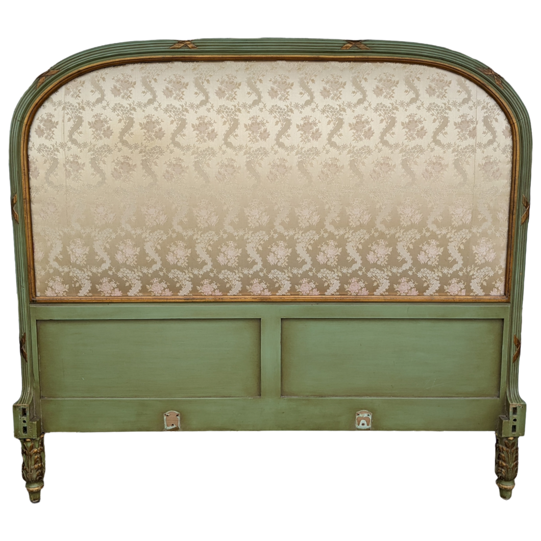 Vintage Gold-Accented Green Brocade Upholstered Full Size Headboard