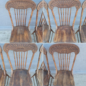 Antique Victorian Primitive Pressback Tiger Oak Dining Chairs - Set of 4
