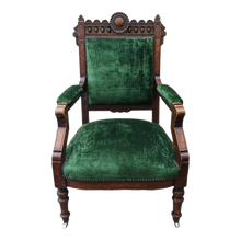 Load image into Gallery viewer, SOLD - Late 19th Century Antique Victorian Eastlake Armchair Upholstered In Emerald Green Velvet