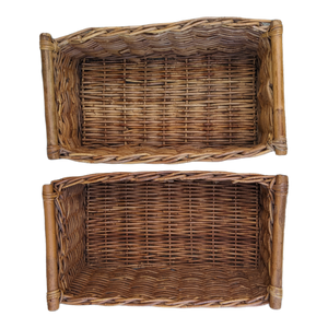 Late 20th Century Coastal Boho Chic Woven Rattan Bamboo Handled Storage Baskets - a Pair
