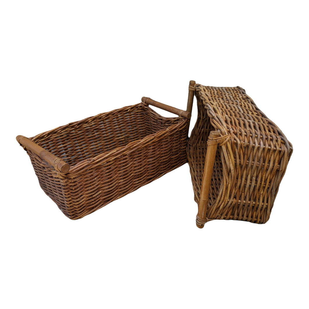 Late 20th Century Coastal Boho Chic Woven Rattan Bamboo Handled Storage Baskets - a Pair