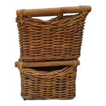 Load image into Gallery viewer, Late 20th Century Coastal Boho Chic Woven Rattan Bamboo Handled Storage Baskets - a Pair