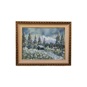 SOLD - Late 20th Century Winter Mountain Landscape with Cabin Painting, Framed