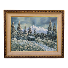 Load image into Gallery viewer, SOLD - Late 20th Century Winter Mountain Landscape with Cabin Painting, Framed