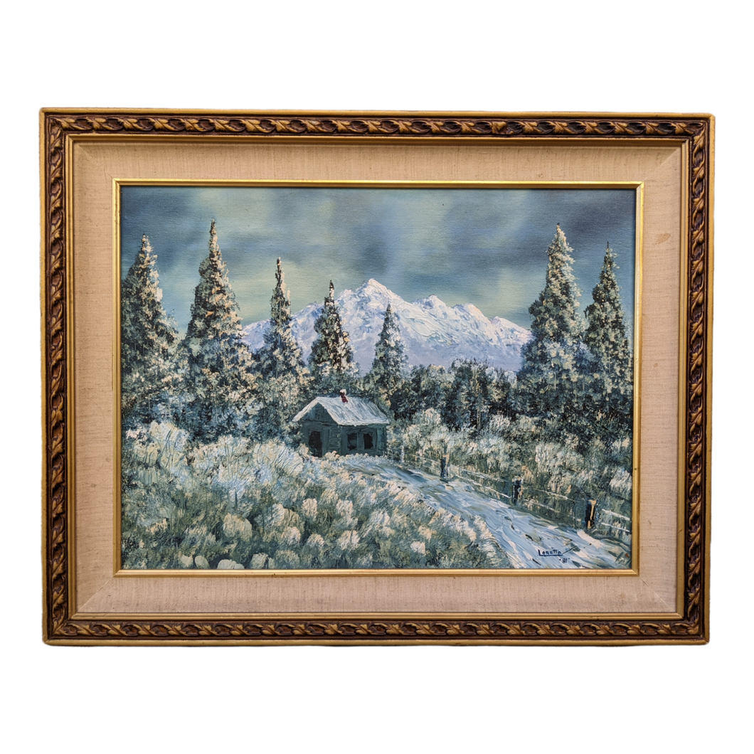 COMING SOON - Late 20th Century Winter Mountain Landscape with Cabin Painting, Framed