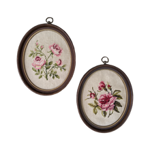 Load image into Gallery viewer, COMING SOON - Mid 20th Century Floral Rose Chintz Framed Needlepoint Textile Wall Art- a Pair