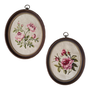 COMING SOON - Mid 20th Century Floral Rose Chintz Framed Needlepoint Textile Wall Art- a Pair