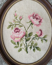 Load image into Gallery viewer, COMING SOON - Mid 20th Century Floral Rose Chintz Framed Needlepoint Textile Wall Art- a Pair