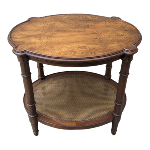 Vintage Parquet Burlwood Top Side Table With Faux Bamboo Legs