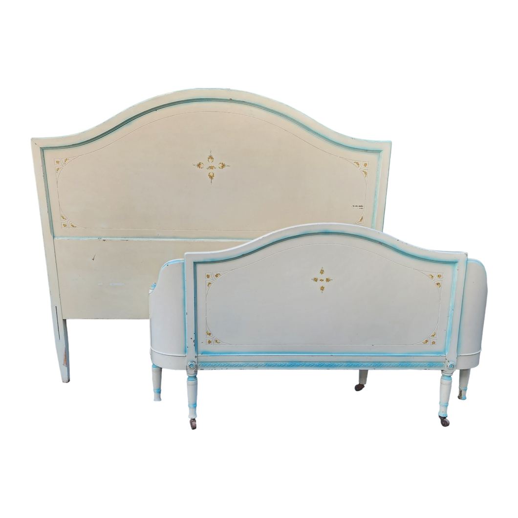 Vintage Matching Headboard With Curved Footboard in White with Blue Accents