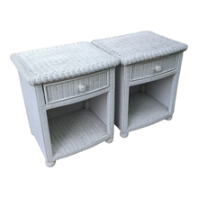 Load image into Gallery viewer, Vintage Coastal White Wicker Nightstands - a Pair