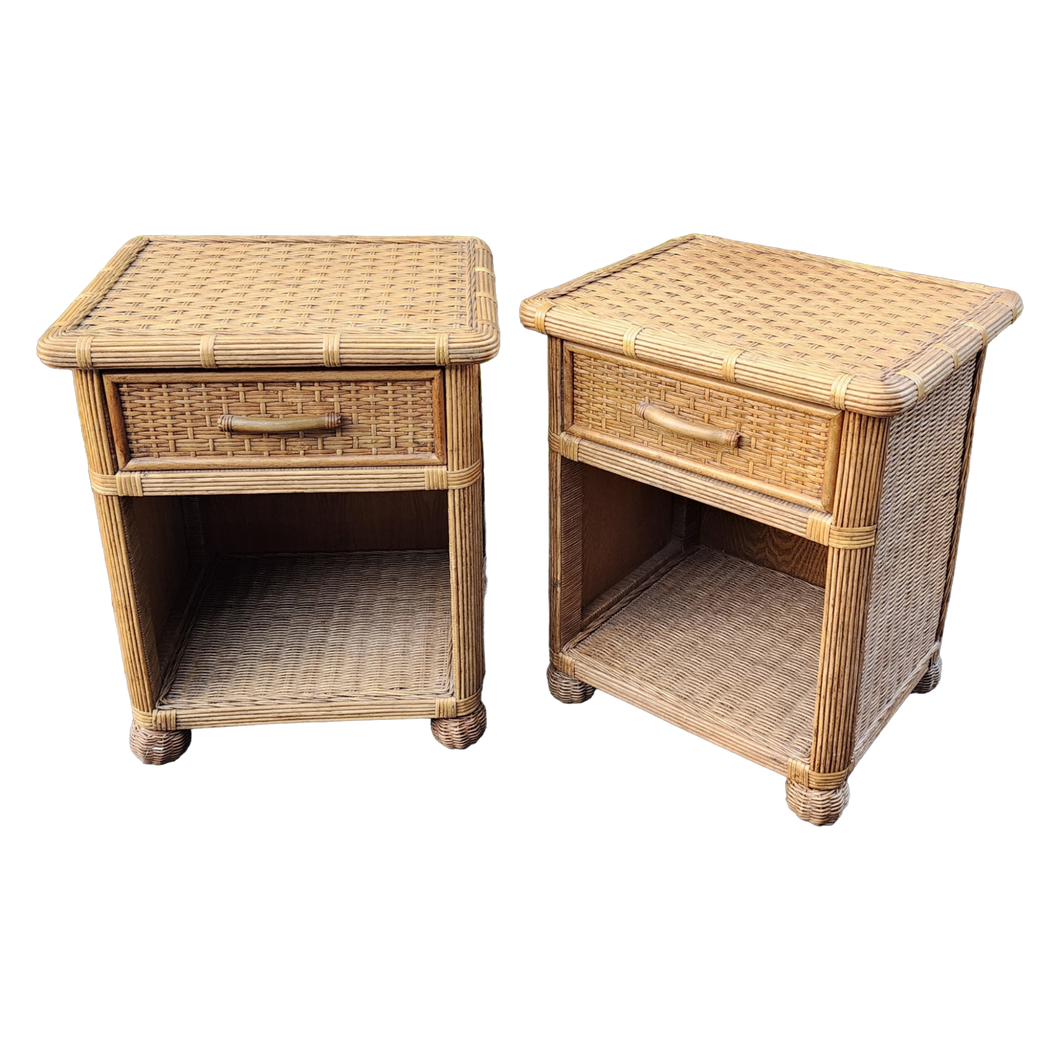 Vintage Coastal Boho Chic Woven Wicker Nightstands - a Pair