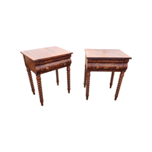 Load image into Gallery viewer, Antique Federal Period Side Tables With Burlwood Drawer Fronts And Turned Wood Spindle Legs - a Pair