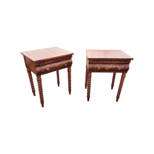 Antique Federal Period Side Tables With Burlwood Drawer Fronts And Turned Wood Spindle Legs - a Pair