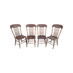 Antique Victorian Primitive Pressback Tiger Oak Dining Chairs - Set of 4