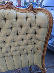 SOLD - Vintage 1940s French Provincial Louis XVI Style Green Shantung Silk Upholstered Tufted Headboard
