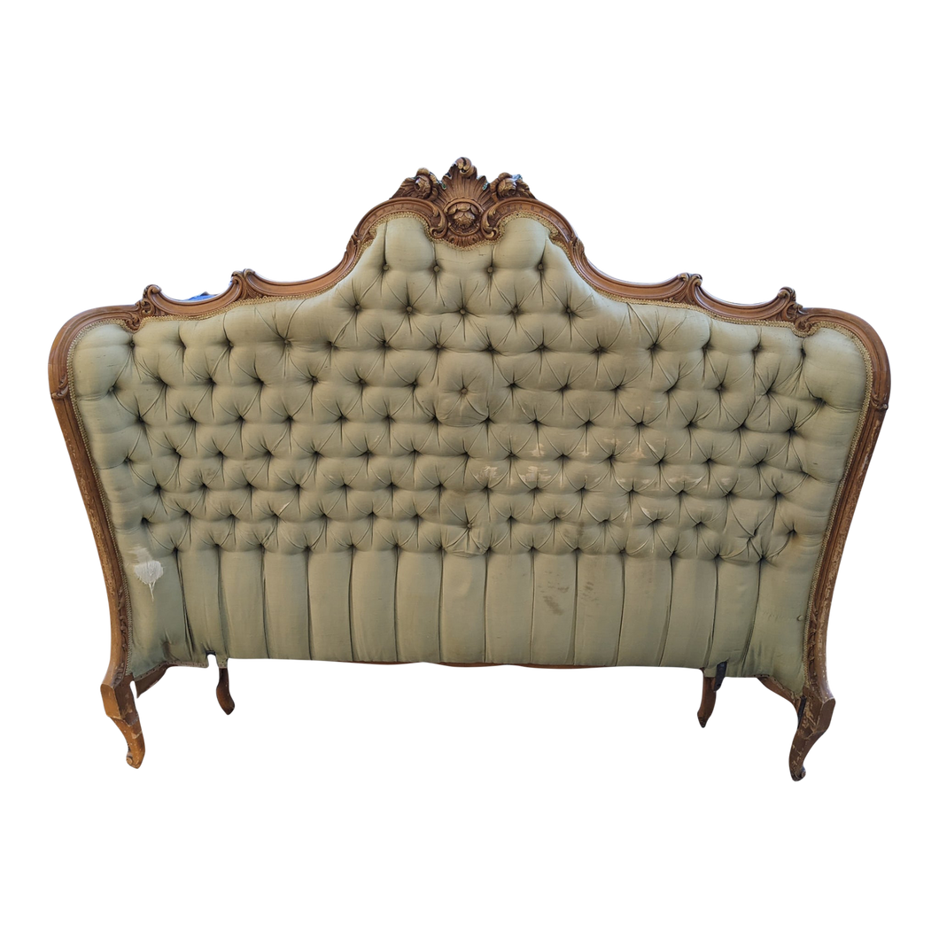 SOLD - Vintage 1940s French Provincial Louis XVI Style Green Shantung Silk Upholstered Tufted Headboard
