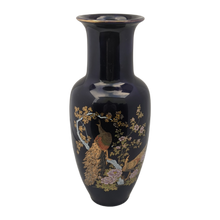 Load image into Gallery viewer, COMING SOON - Vintage 1960s Navy Blue Ceramic Vase Attributed to Bijutsu Toki Hand Painted Peacock, Cherry Blossom Made in Japan