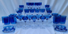 Load image into Gallery viewer, SOLD - Vintage 1960s St. Louis Crystal &quot;Bristol&quot; Pattern Crystal Glasses in Cobalt Cut to Clear - 40 Piece Set