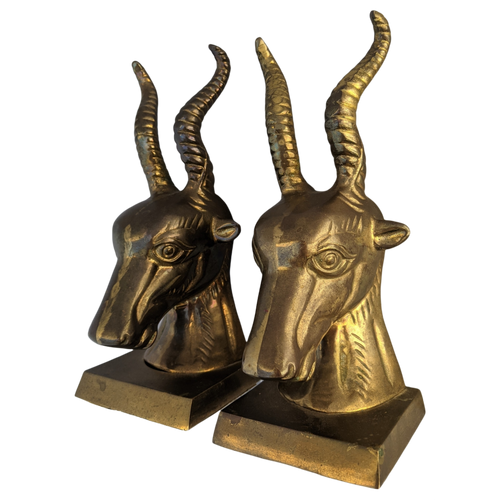 SOLD - Vintage 1970s Patinated Brass Gazelle Bust Bookends - a Pair