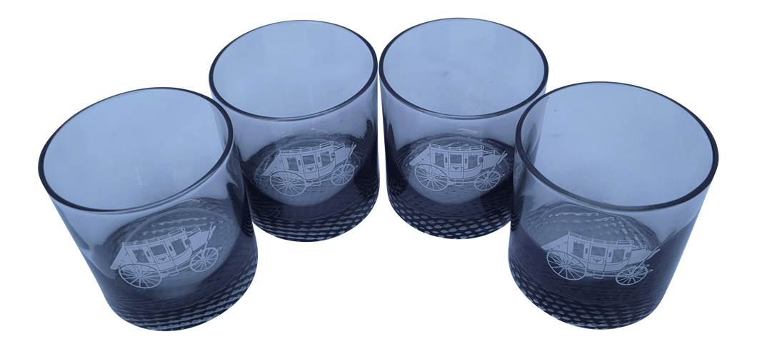 Vintage 1970s Smoked Gray Stagecoach Lowball Rocks Whiskey Glasses - Set of 4