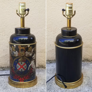 SOLD - Vintage Weathered Family Crest Tea Tin Table Lamp
