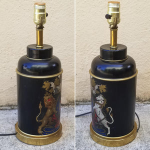 SOLD - Vintage Weathered Family Crest Tea Tin Table Lamp