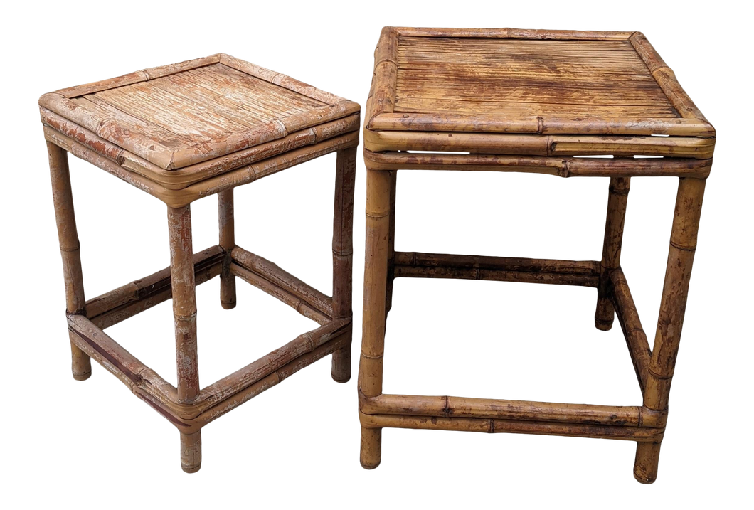 Vintage Bamboo Side Nesting Table Plant Stand Pair