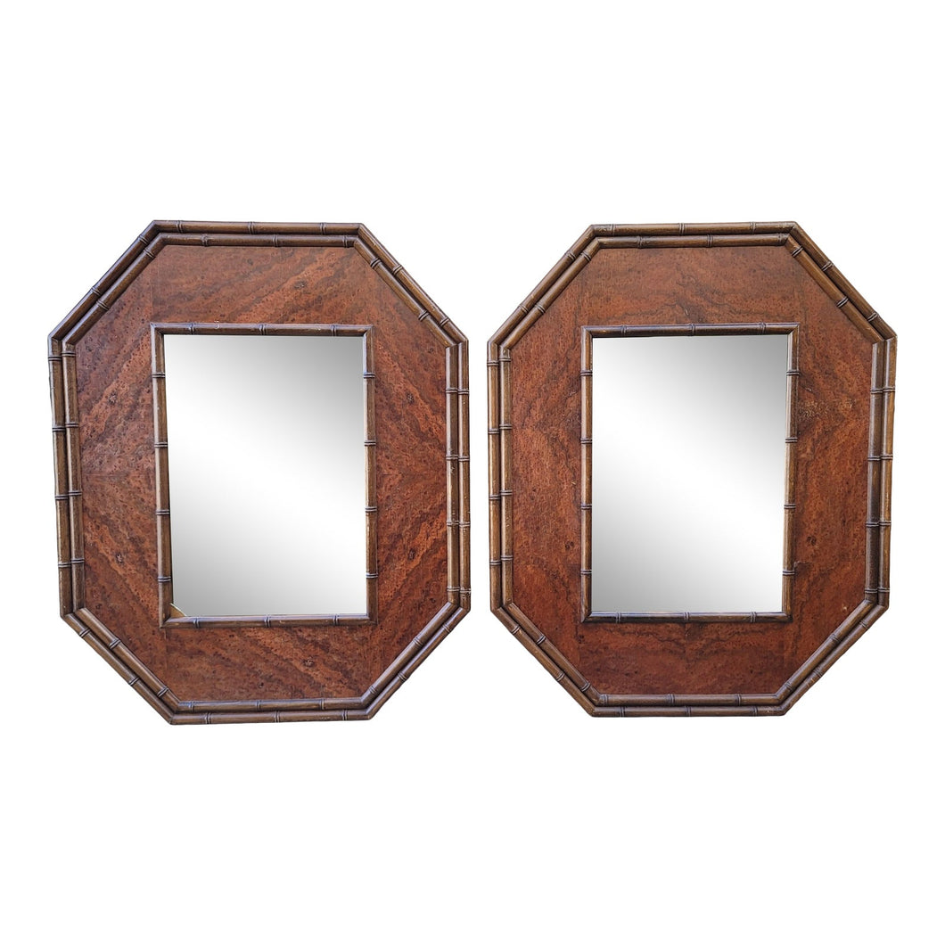 ON HOLD - Vintage Campaign Style Octagonal Burlwood and Carved Wood Faux Bamboo Mirrors - a Pair