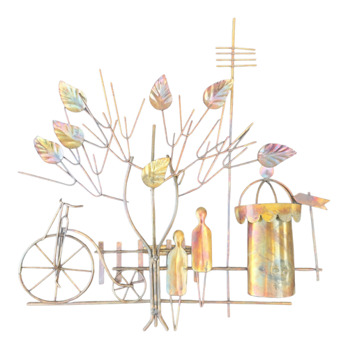 Vintage Enesco Brutalist Copper Wall Sculpture Bicycle and People Under a Tree