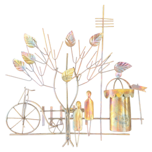 Vintage Enesco Brutalist Copper Wall Sculpture Bicycle and People Under a Tree
