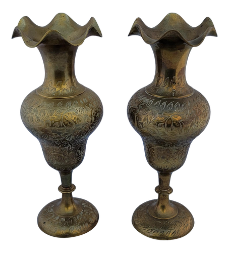 SOLD - Vintage Footed Etched Brass Vases - a Pair