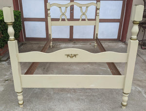 COMING SOON - Vintage French Provincial White and Gold Twin Bedframe With X Headboard
