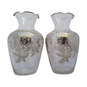 Vintage Rose or Peony Motif Silver Overlay Vases From Silver City - a Pair