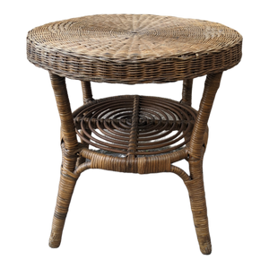 SOLD - Vintage Round Topped Woven Rattan and Bamboo Side Table