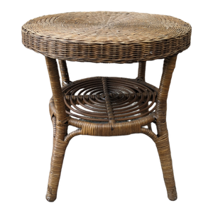 SOLD - Vintage Round Topped Woven Rattan and Bamboo Side Table