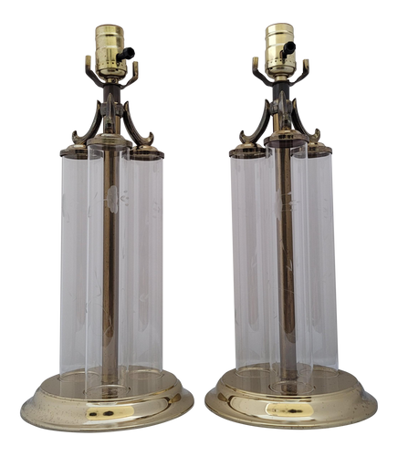 Vintage Triple Column Glass and Brass Princess House Buffet Lamps - a Pair