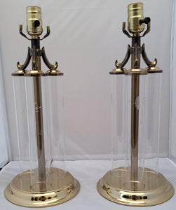 Vintage Triple Column Glass and Brass Princess House Buffet Lamps - a Pair