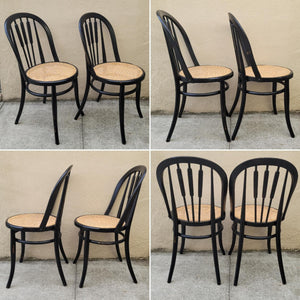 Antique Bentwood Cafe Woven Cane Seat Dining Chairs in Black - Set of 4