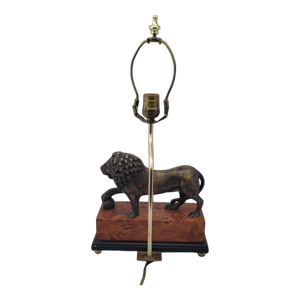 Late 20th Century Sculpted Brass Lion Table Lamp on Faux Burlwood Base